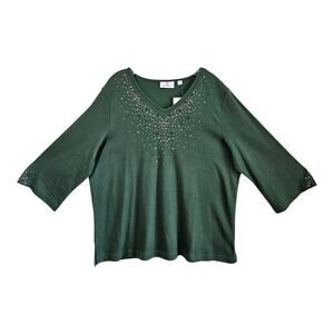 QUACKER FACTORY Women XL Tunic Top Green Scatter Multicolor Beads 3/4 Sleeve 48"